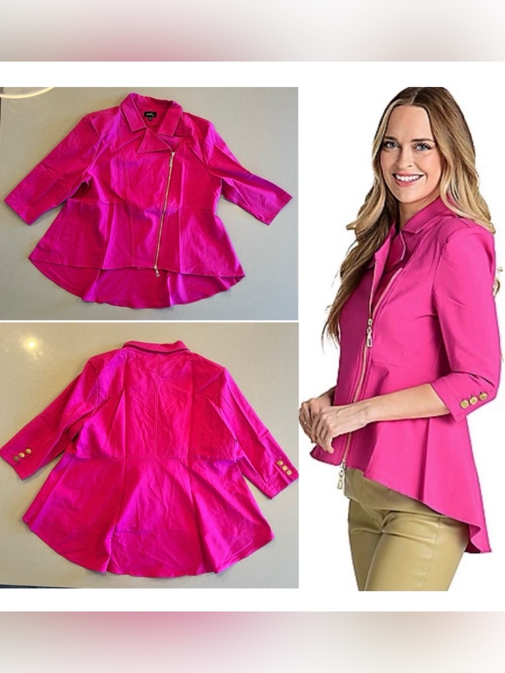 Asymmetrical Peplum Moto Jacket Stretch Woven Fuchsia SZ 2X New Out of Package